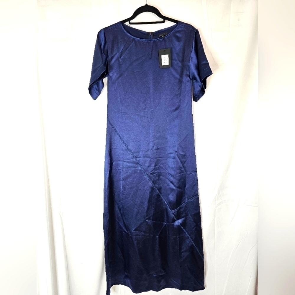 Atm size Small navy short-sleeve satin slip A-line dress midi NWT